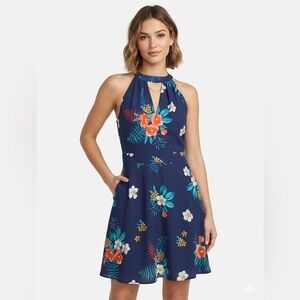 Express Navy Floral Halter Dress with Coral Accents